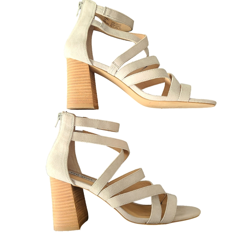 STEVE MADDEN Grey Beige Microsuede 3.5" Block Heel Sandals 11 - Picture 2 of 13